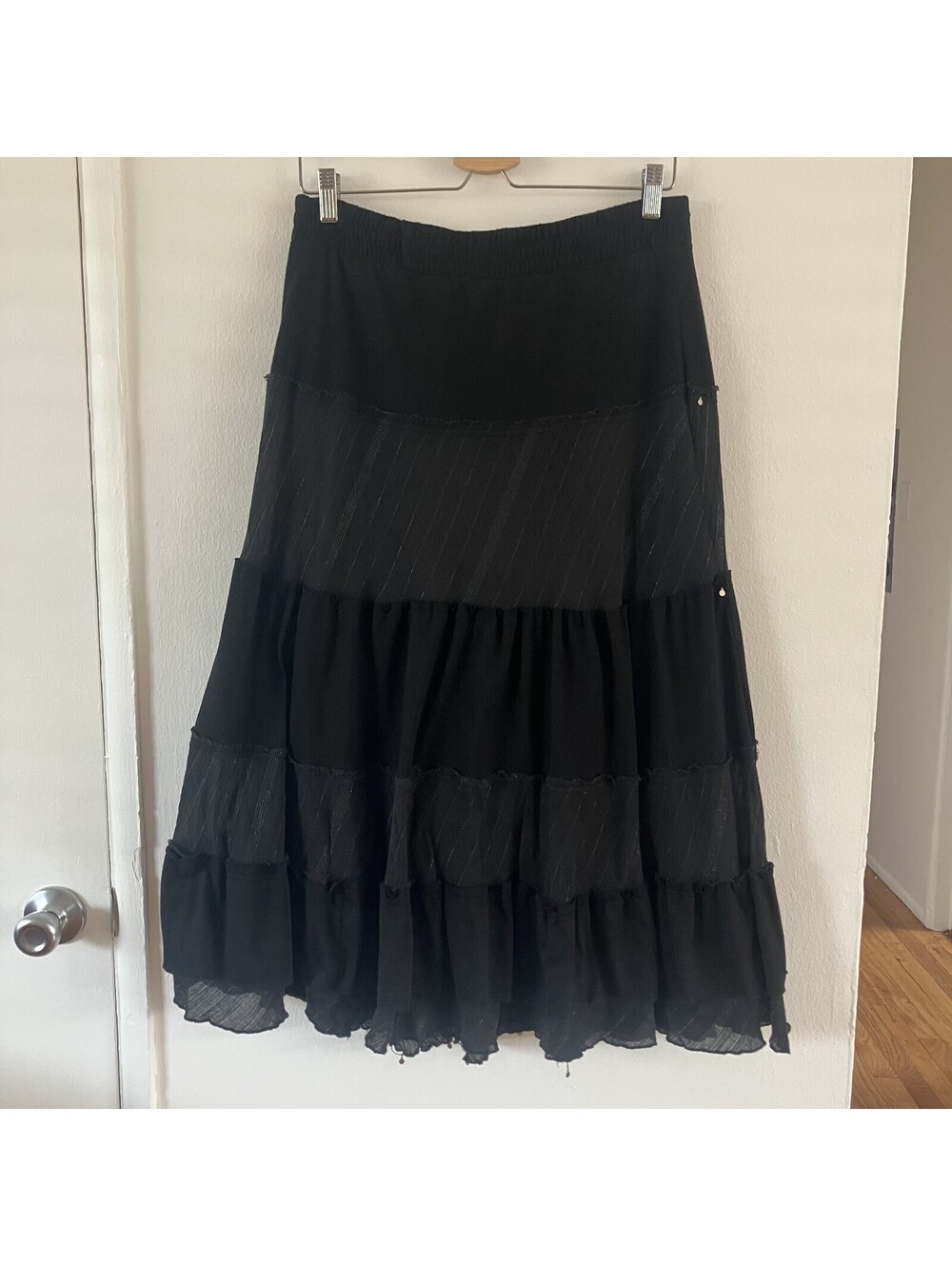 Whimsigoth Flowy Witchy Black Patchwork Tiered Maxi Skirt Romantic Bohemian Sz M - Picture 5 of 11